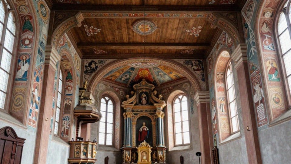 Jakie polichromie i ołtarze zachowały się we wnętrzu?